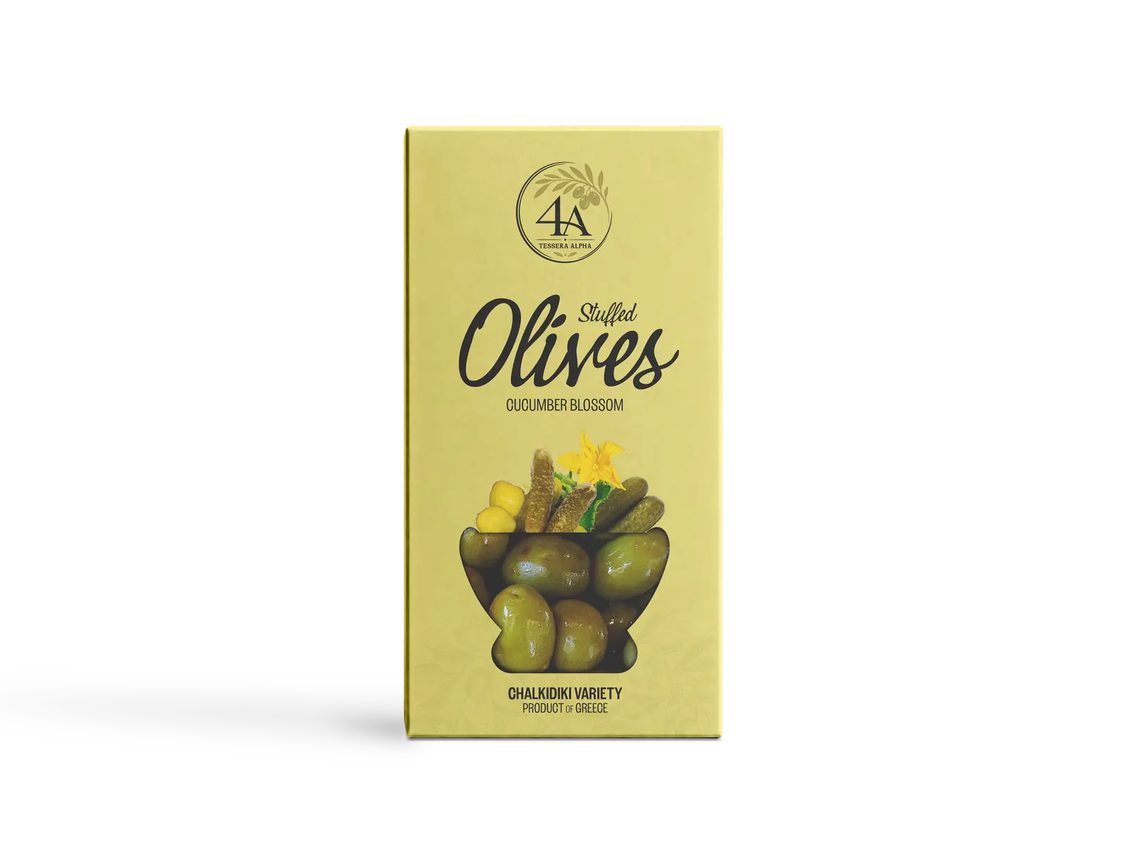 Stuffed olives with cucumber blossom — 4A Tessera Alpha box